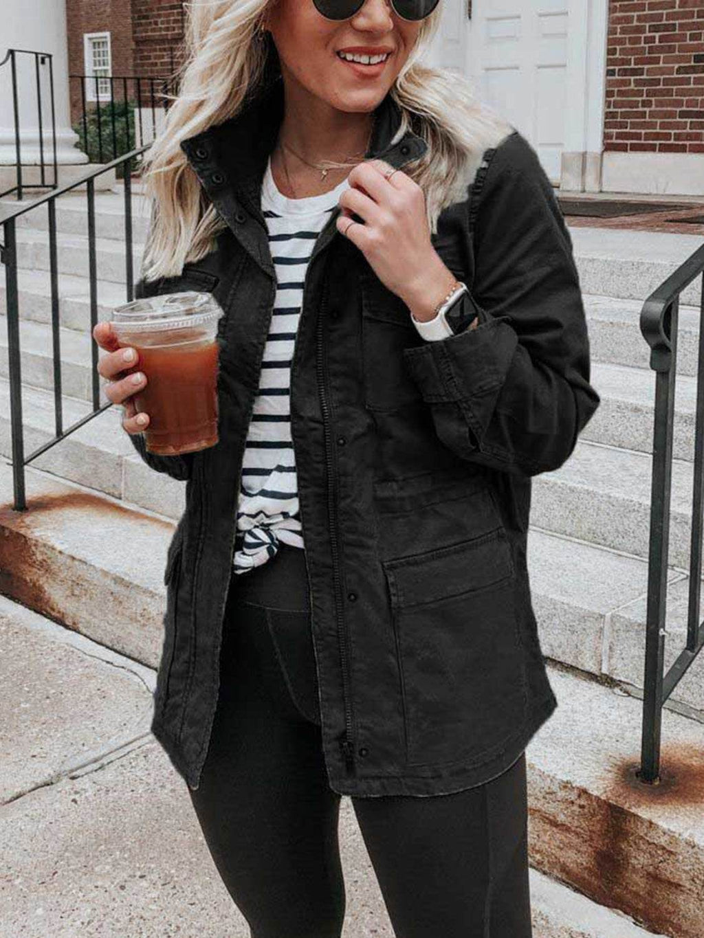 Pocketed Long Sleeve Zip Up Jacket - Delanoir
