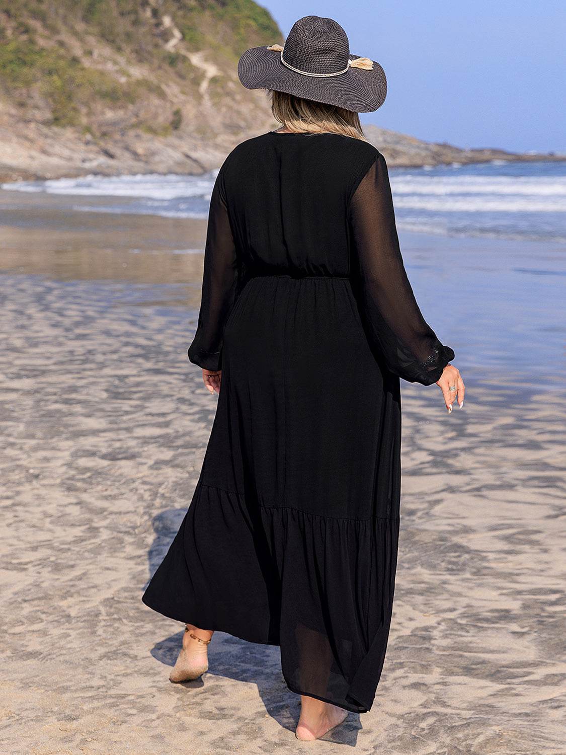 Plus Size Embroidered Tie Neck Long Sleeve Dress - Delanoir