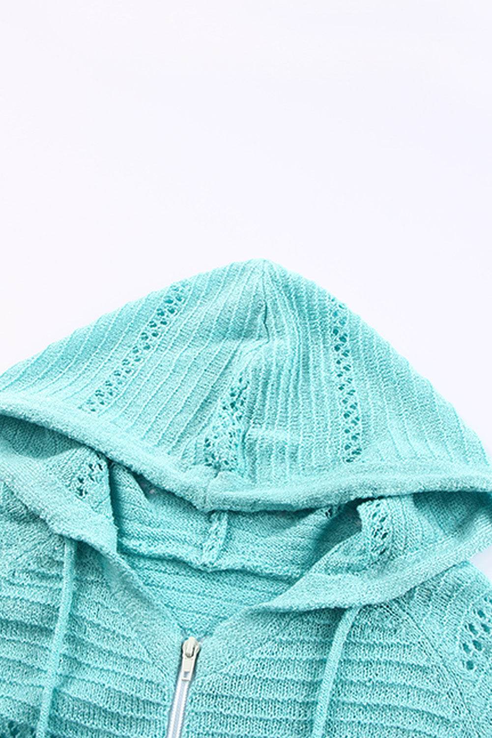 Zip-Up Raglan Sleeve Openwork Hooded Cardigan - Delanoir