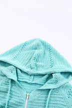 Zip-Up Raglan Sleeve Openwork Hooded Cardigan - Delanoir