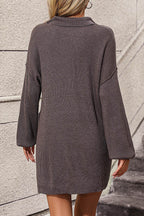 Collared Neck Long Sleeve Sweater Dress with Pockets - Delanoir
