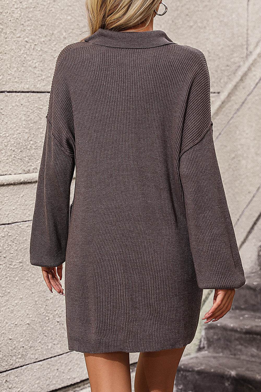 Collared Neck Long Sleeve Sweater Dress with Pockets - Delanoir