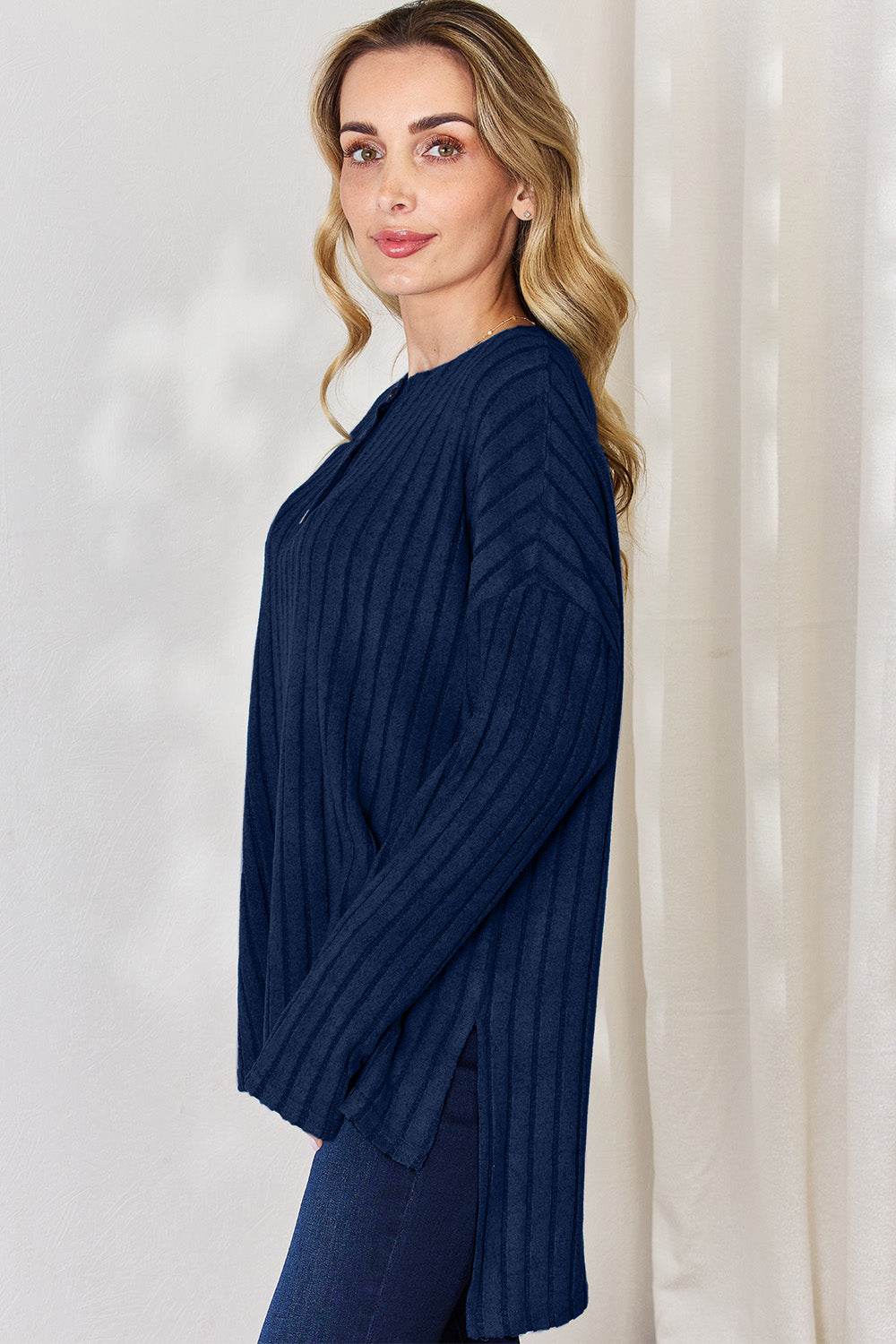Basic Bae Full Size Ribbed Half Button Long Sleeve High-Low T-Shirt - Delanoir