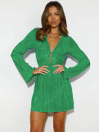 Tied Plunge Flare Sleeve Mini Dress - Delanoir