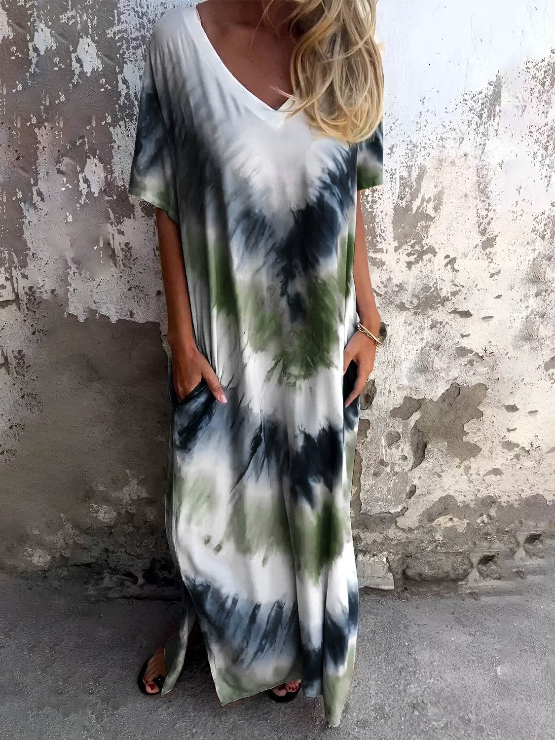 Full Size Pocketed Tie-Dye Short Sleeve Dress - Delanoir