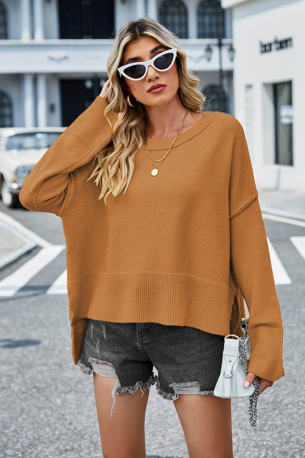 High-Low Slit Round Neck Long Sleeve Sweater - Delanoir