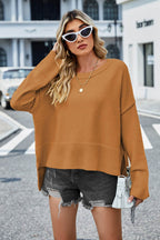 High-Low Slit Round Neck Long Sleeve Sweater - Delanoir