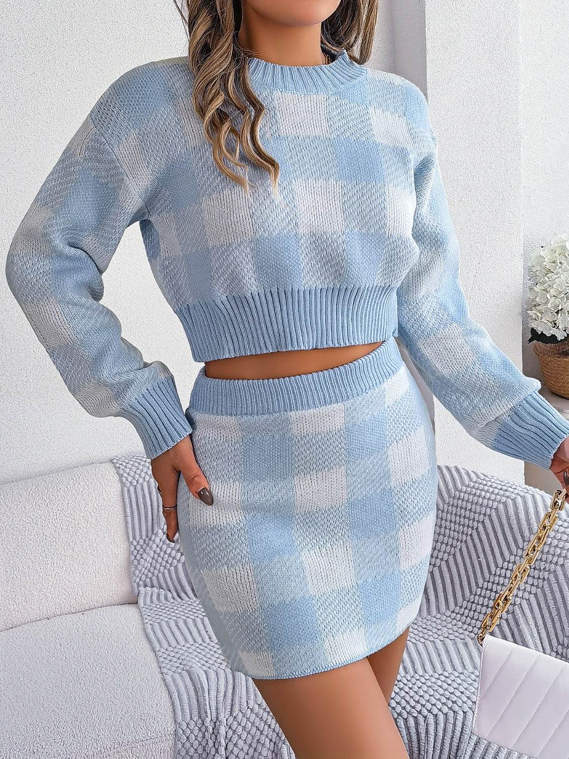 Plaid Round Neck Top and Skirt Sweater Set - Delanoir