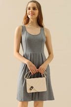 Doublju Full Size Round Neck Ruched Sleeveless Dress with Pockets - Delanoir