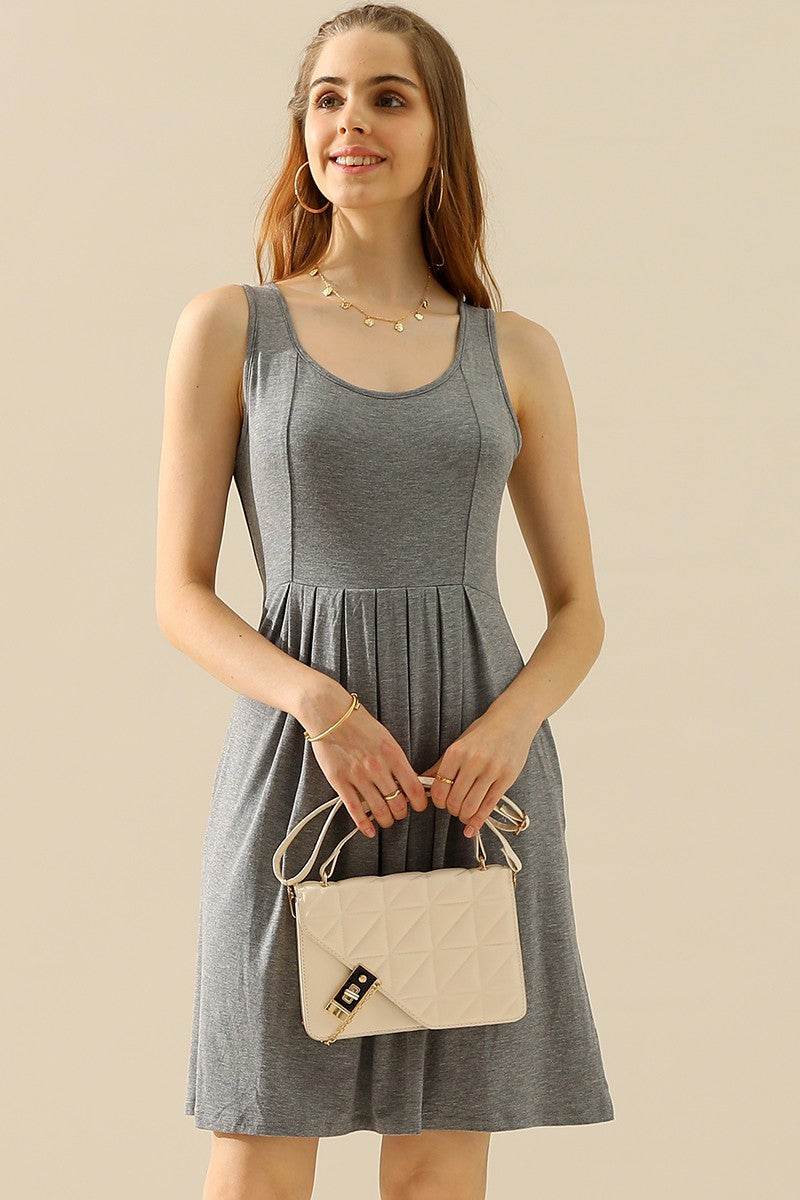 Doublju Full Size Round Neck Ruched Sleeveless Dress with Pockets - Delanoir