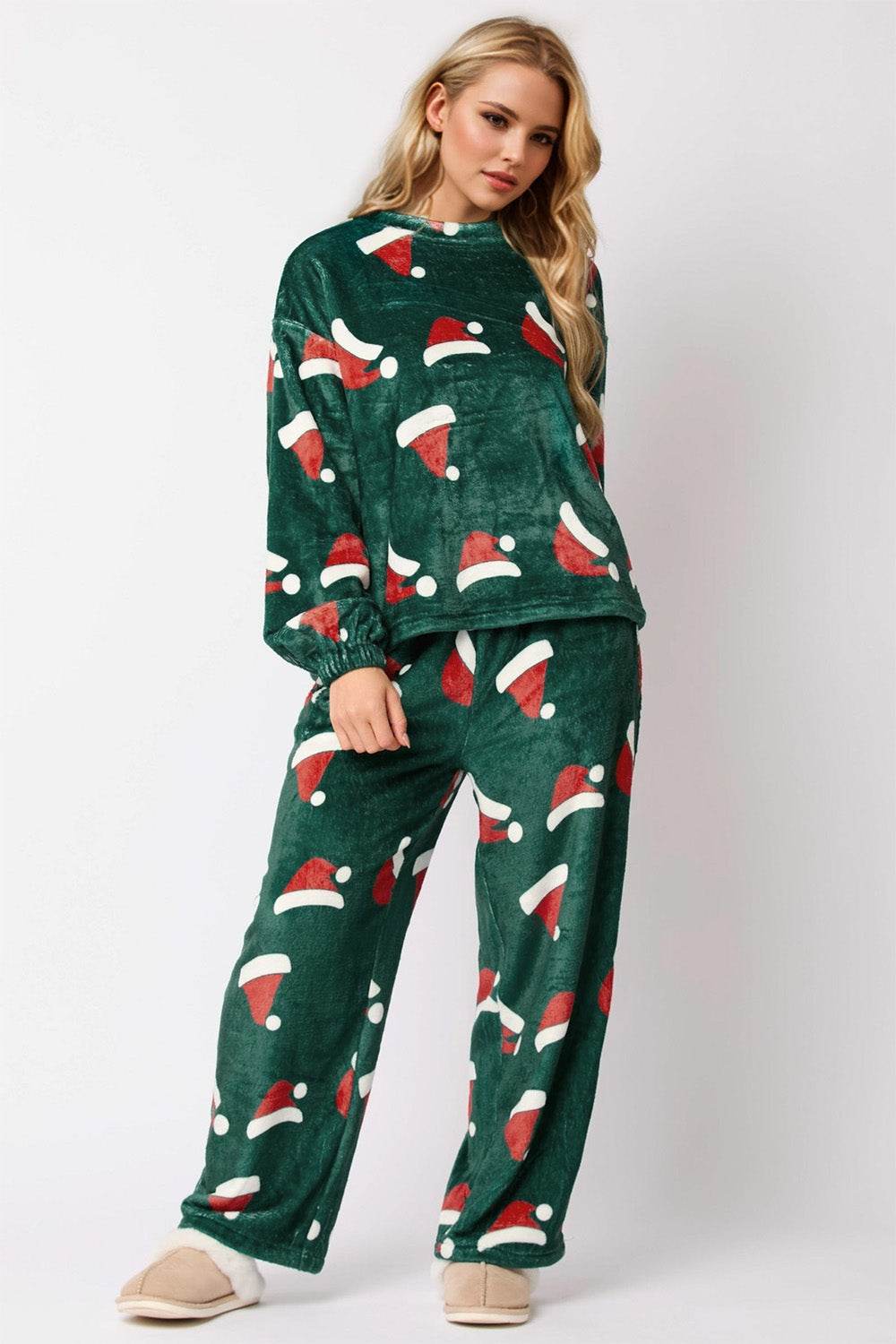 Christmas Hat Pattern Round Neck Long Sleeve Top and Pants Set - Delanoir