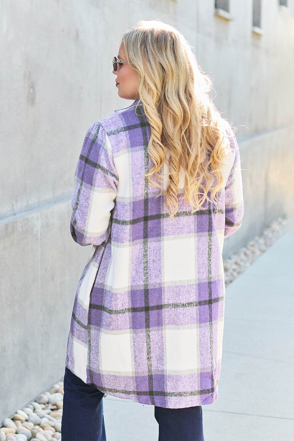 Double Take Full Size Plaid Button Up Lapel Collar Coat - Delanoir