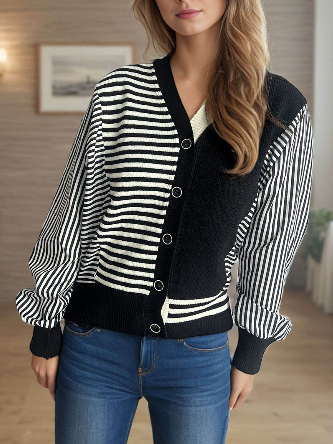 Striped Button Down Long Sleeve Cardigan - Delanoir
