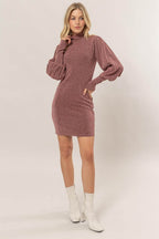 HYFVE Glitter Mock Neck Long Sleeve Mini Dress - Delanoir