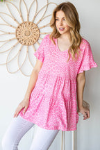 Heimish Full Size Leopard Ruffle Trim Short Sleeve Top - Delanoir