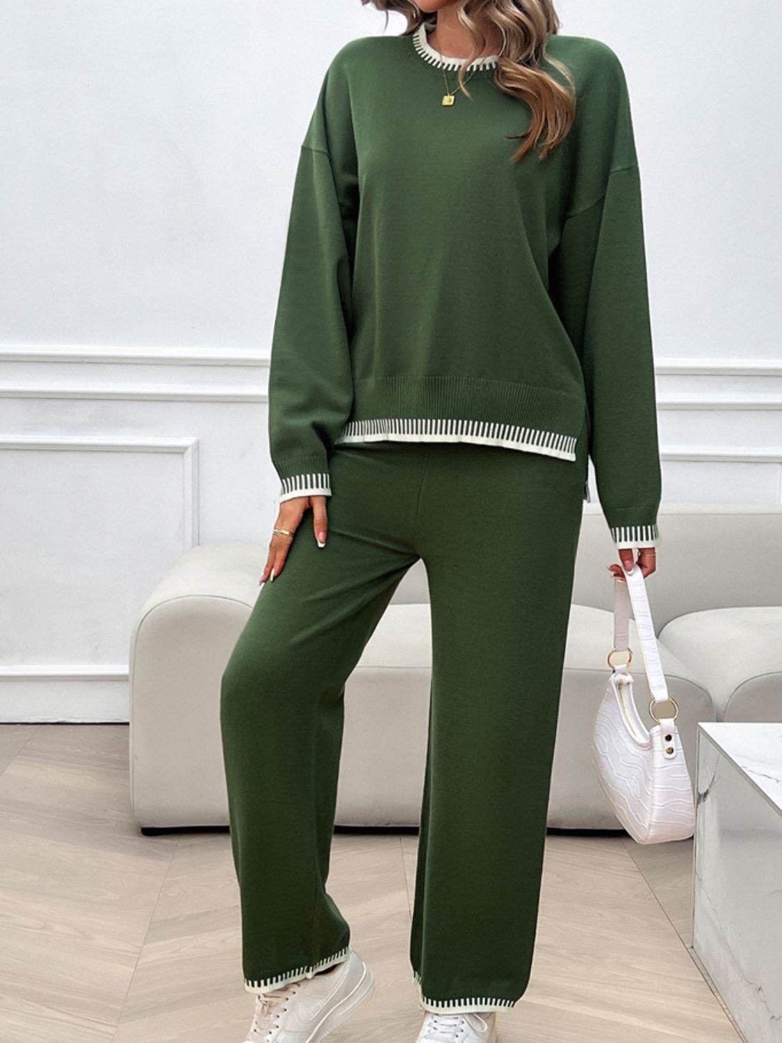 Devine Round Neck Dropped Shoulder Top and Pants Sweater Set - Delanoir