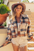 BiBi Brushed Plaid Crop Jacket with Pockets - Delanoir