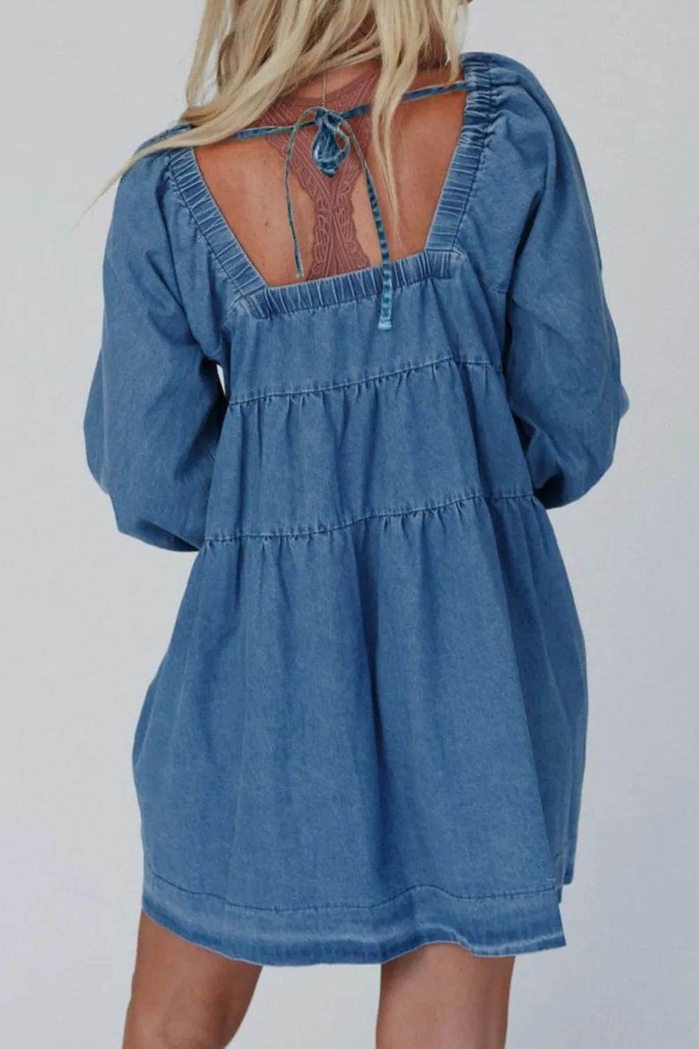 Tied Square Neck Long Sleeve Denim Dress with Pockets - Delanoir