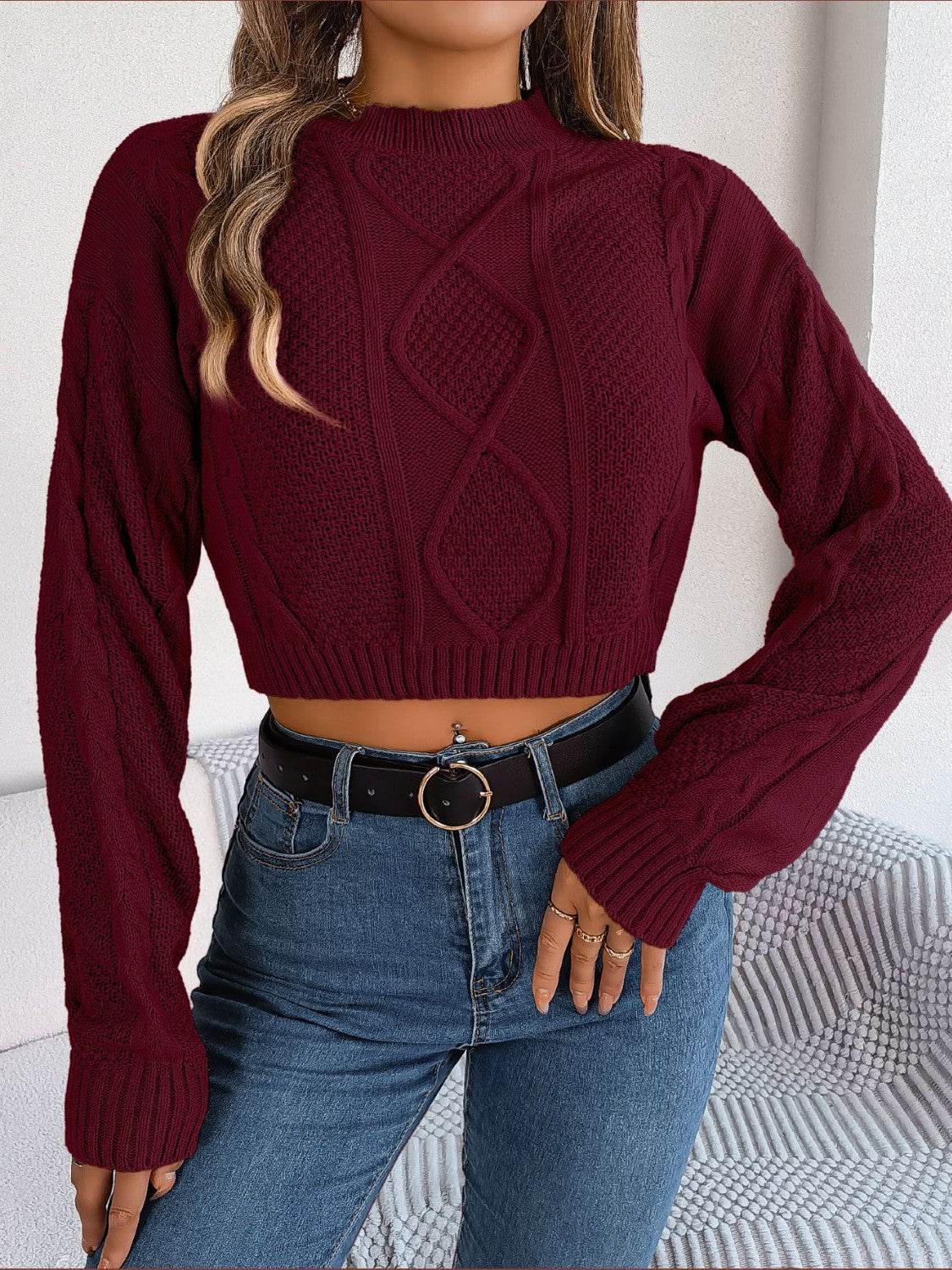 Cable-Knit Round Neck Cropped Sweater - Delanoir