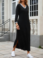 Slit V-Neck Long Sleeve Midi Dress - Delanoir