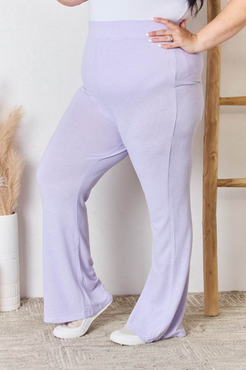 RISEN Full Size High Waist Ultra Soft Knit Flare Pants - Delanoir
