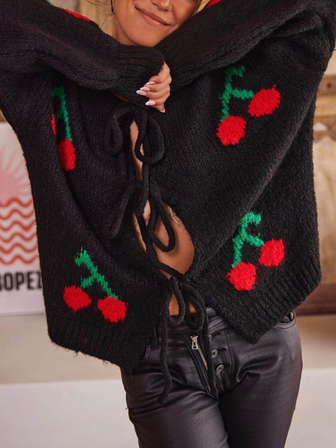 Tied Cherry Round Neck Long Sleeve Cardigan - Delanoir