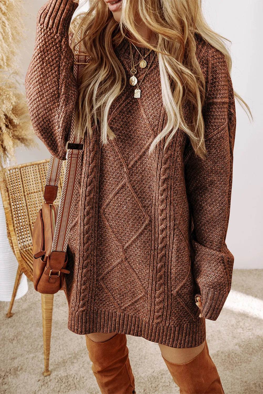 Cable-Knit Round Neck Sweater Dress - Delanoir