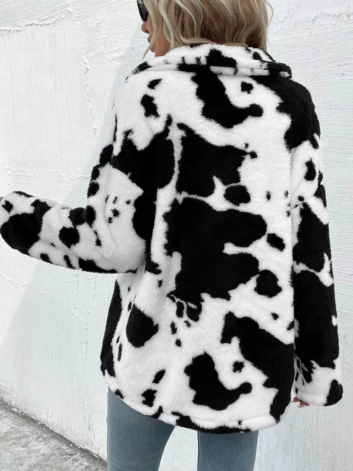 Cow Print Collared Neck Button Up Fuzzy Jacket - Delanoir