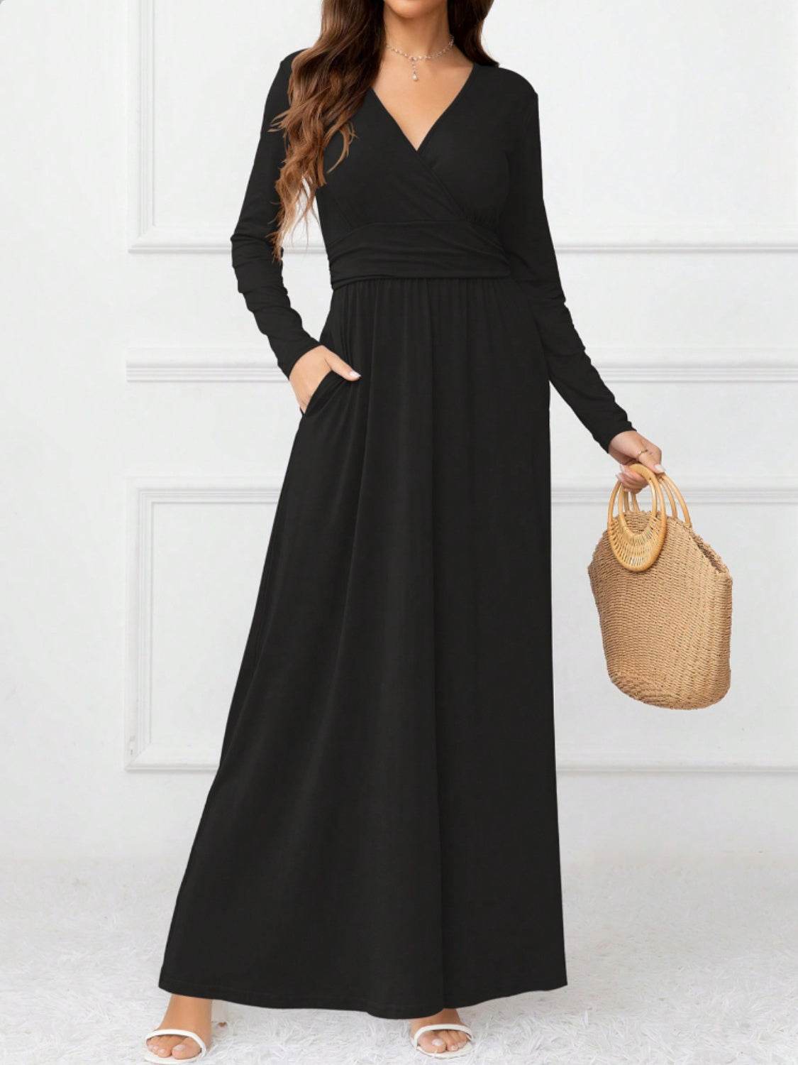 Pocketed Surplice Long Sleeve Maxi Dress - Delanoir