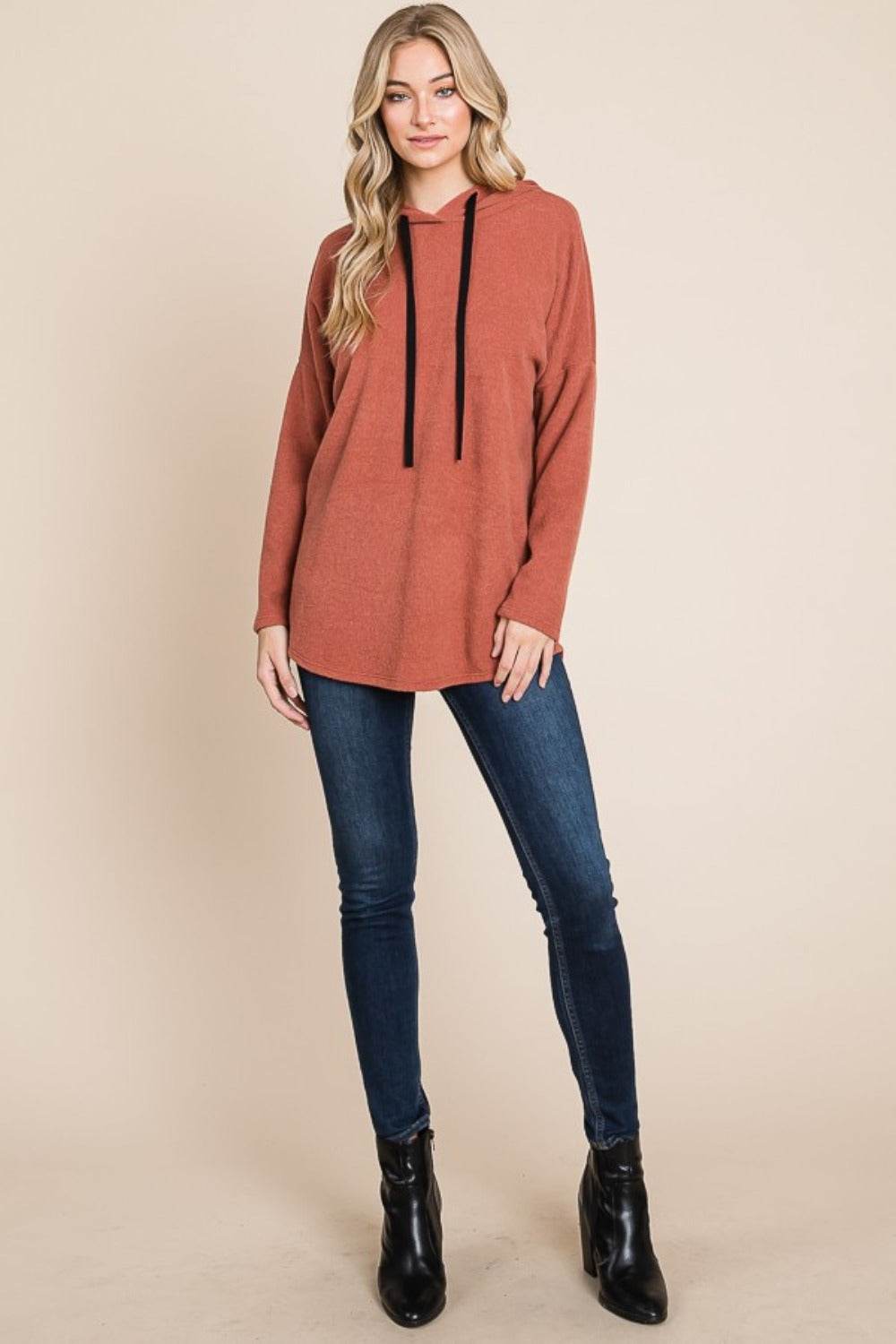 BOMBOM Contrast Drawstring Drop Shoulder Knit Hoodie - Delanoir