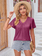 Double Take Ruched V-Neck Short Sleeve T-Shirt - Delanoir
