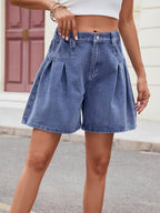 Ruched Half Elastic Waist Denim Shorts - Delanoir