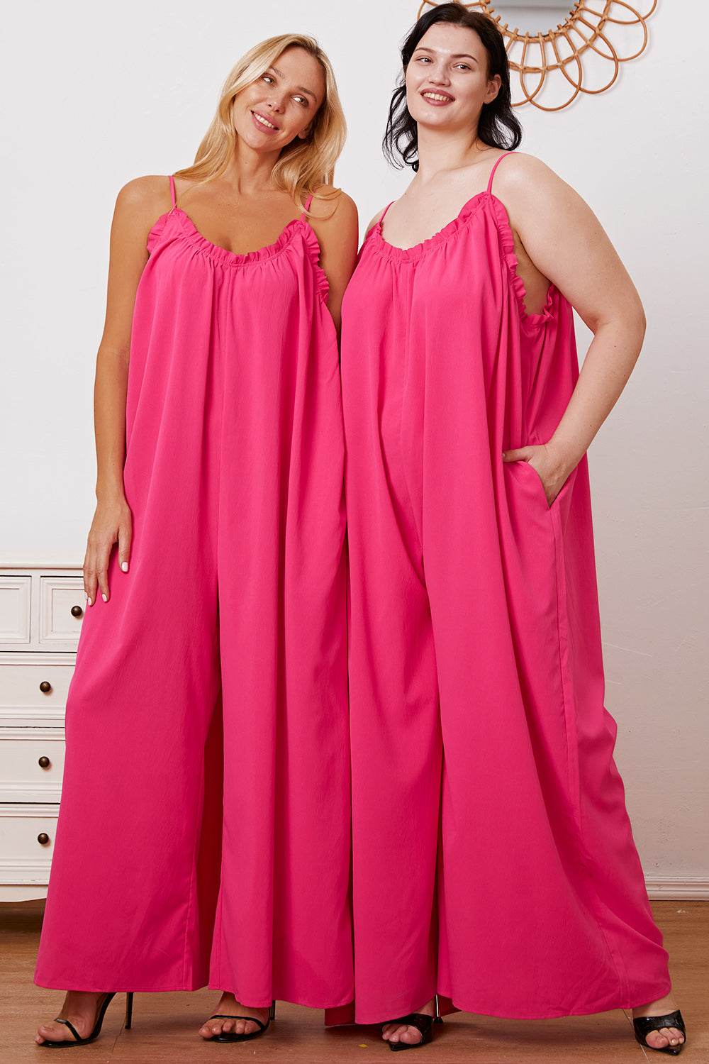 Double Take Full Size Ruffle Trim Tie Back Cami Jumpsuit with Pockets - Delanoir