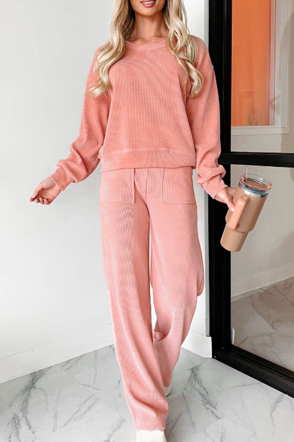 Round Neck Long Sleeve Top and Pants Set - Delanoir