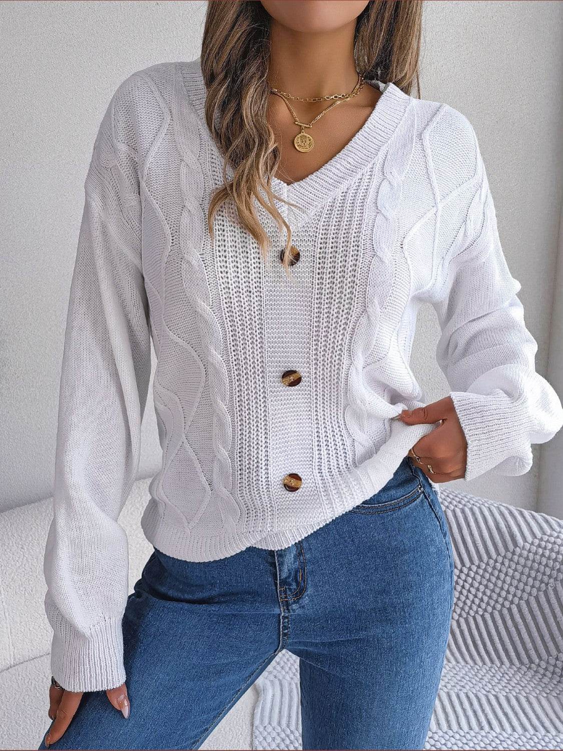 Cable-Knit Buttoned V-Neck Sweater - Delanoir