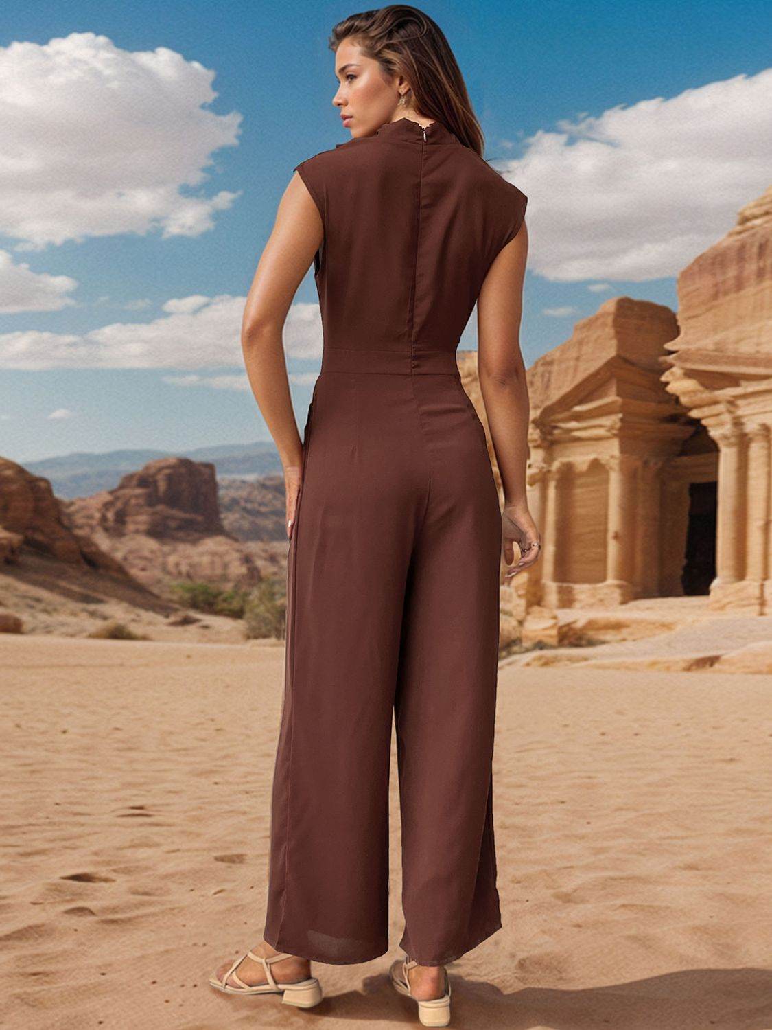 Perfee Ruched Mock Neck Sleeveless Jumpsuit - Delanoir