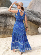 Printed V-Neck Tie Shoulder Dress - Delanoir