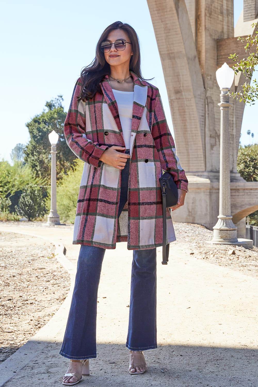 Double Take Full Size Plaid Button Up Lapel Collar Coat - Delanoir