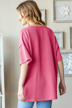 Heimish Full Size Ribbed Half Button Drop Shoulder Top - Delanoir