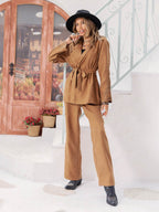Lace Detail Collared Neck Top and Pants Set - Delanoir