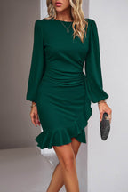 Devine Ruched Ruffled Balloon Sleeve Mini Dress - Delanoir