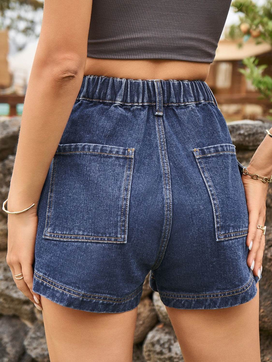 High Waist Denim Shorts with Pockets - Delanoir