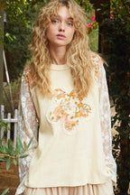 POL Flower Patch Lace Sleeve Knit Top - Delanoir
