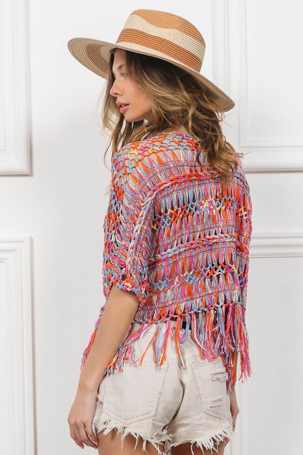 BiBi Open Front Fringed Crop Knit Cardigan - Delanoir