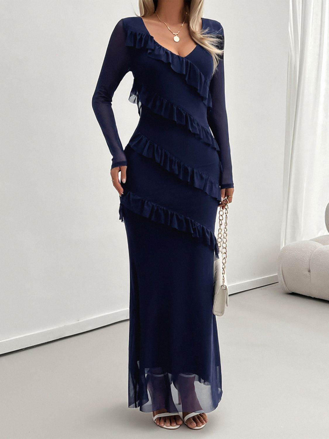Devine Ruffled Surplice Long Sleeve Maxi Dress - Delanoir