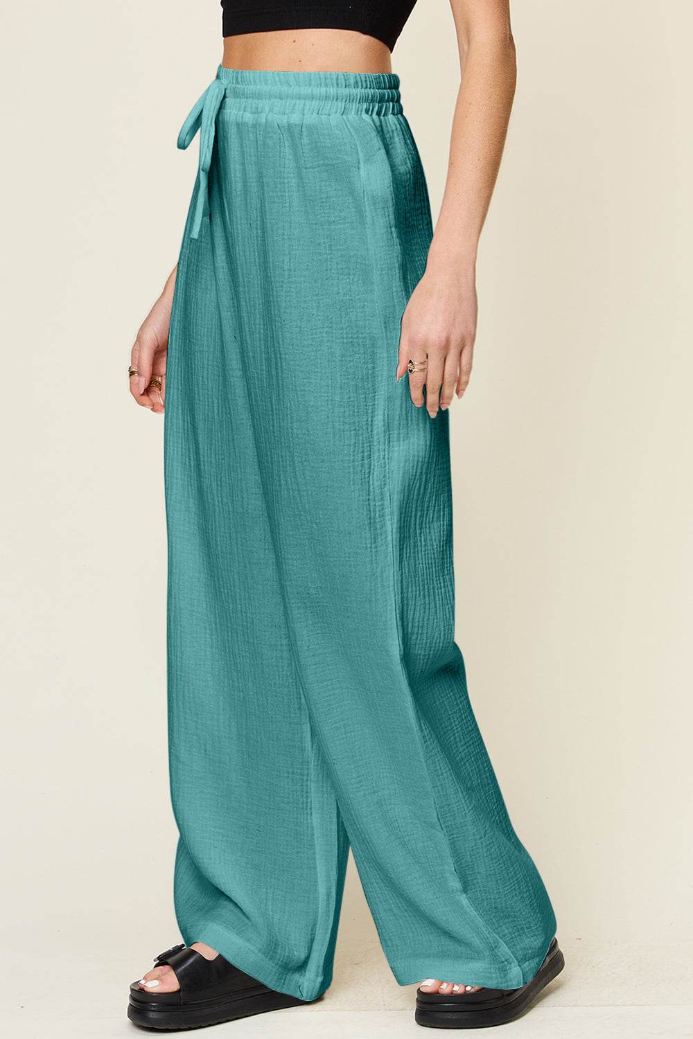 Double Take Full Size Texture Drawstring Wide Leg Pants - Delanoir