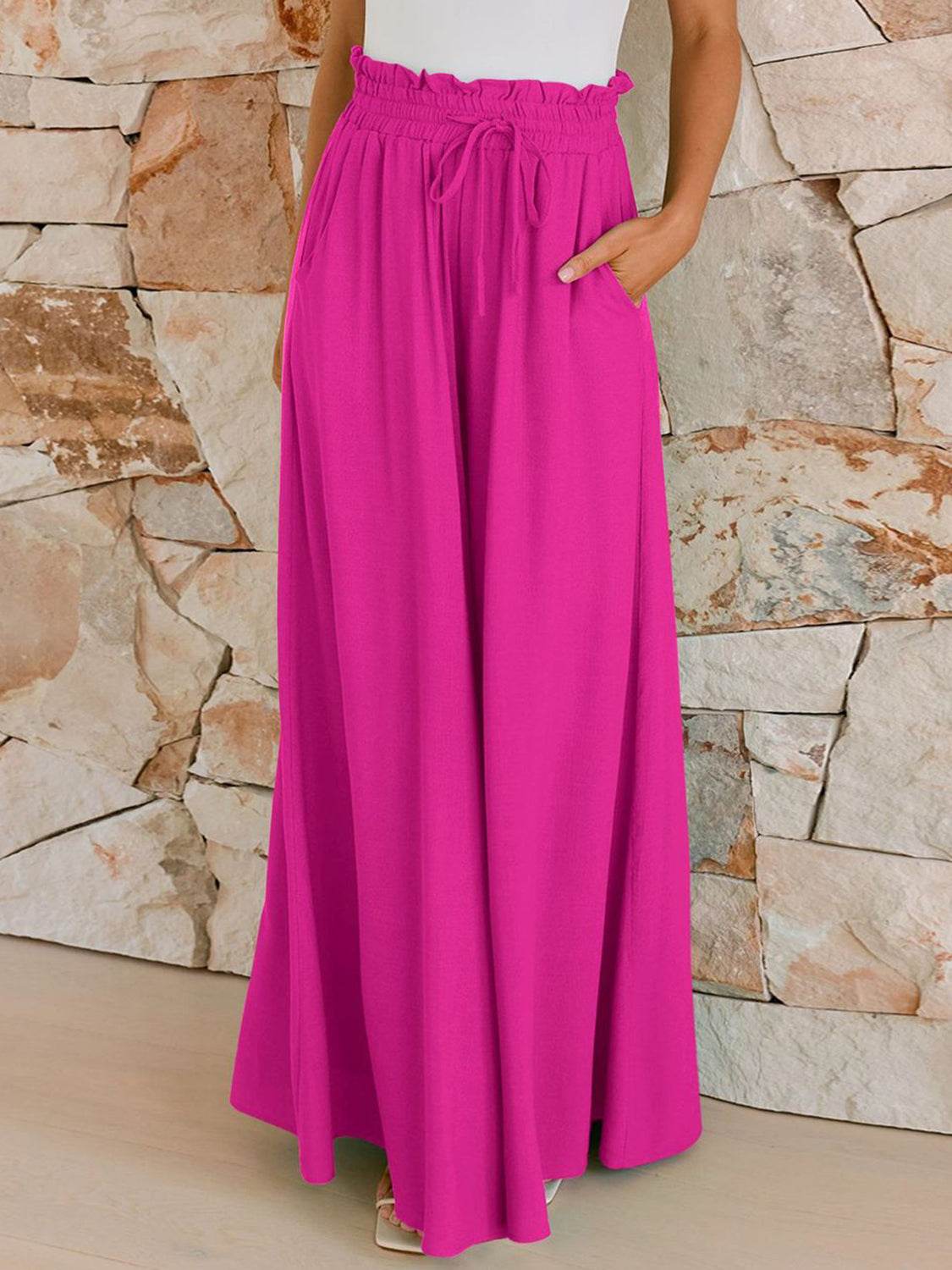 Drawstring Wide Leg Pants with Pockets - Delanoir