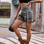 High Waist Denim Cargo Shorts - Delanoir