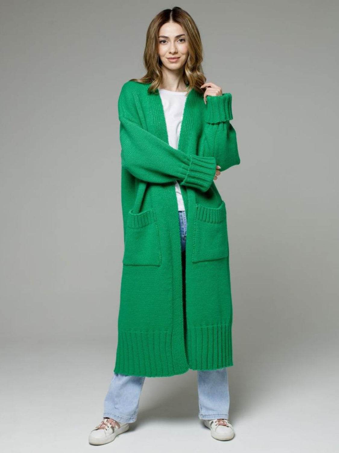 Pocketed Open Front Dropped Shoulder Cardigan - Delanoir