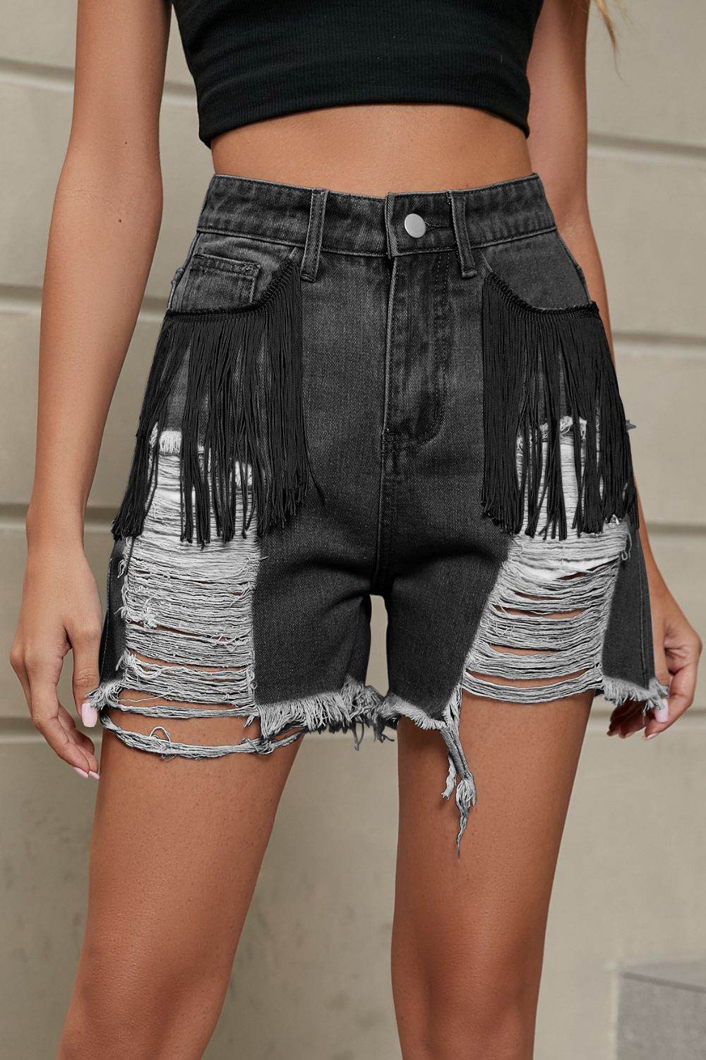 Fringe Trim Distressed Denim Shorts with Pockets - Delanoir